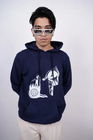 Alucard's Hand Symbol Relaxed Fit Navy Blue Hoodie For Men By DemonWear