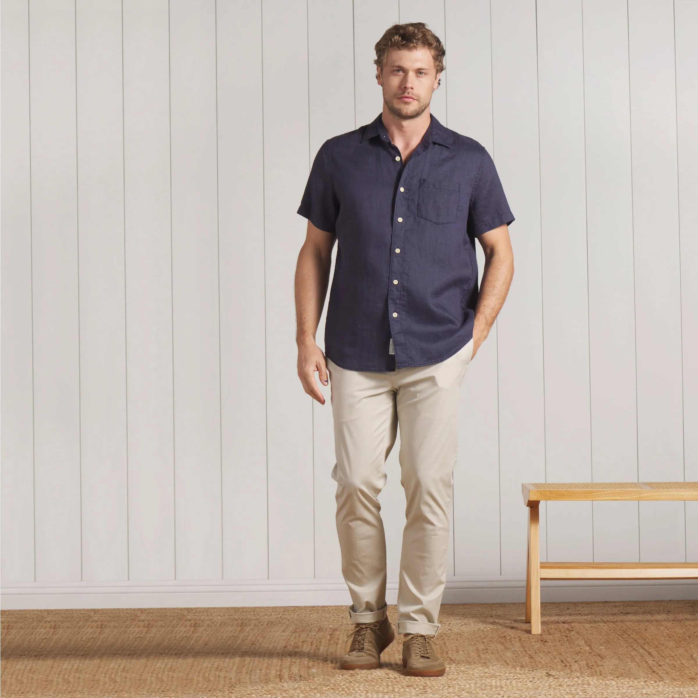 Amalfi Textured Hemp Linen Cotton Short Sleeve Shirt - Blue Steel