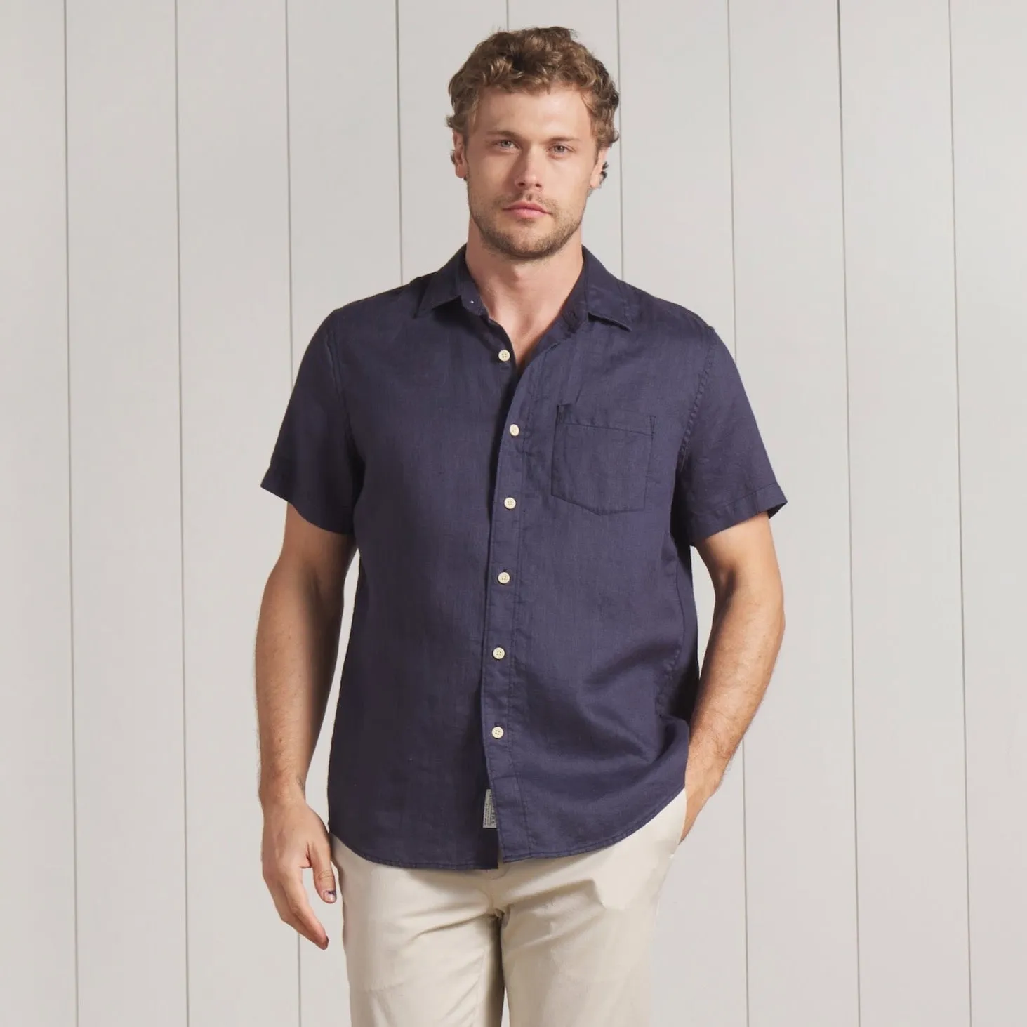 Amalfi Textured Hemp Linen Cotton Short Sleeve Shirt - Blue Steel