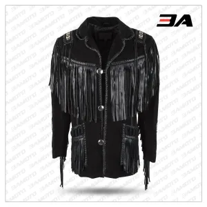 Black Boar Suede Hand Laced Bead Fringed Jacket Trimmed Coat