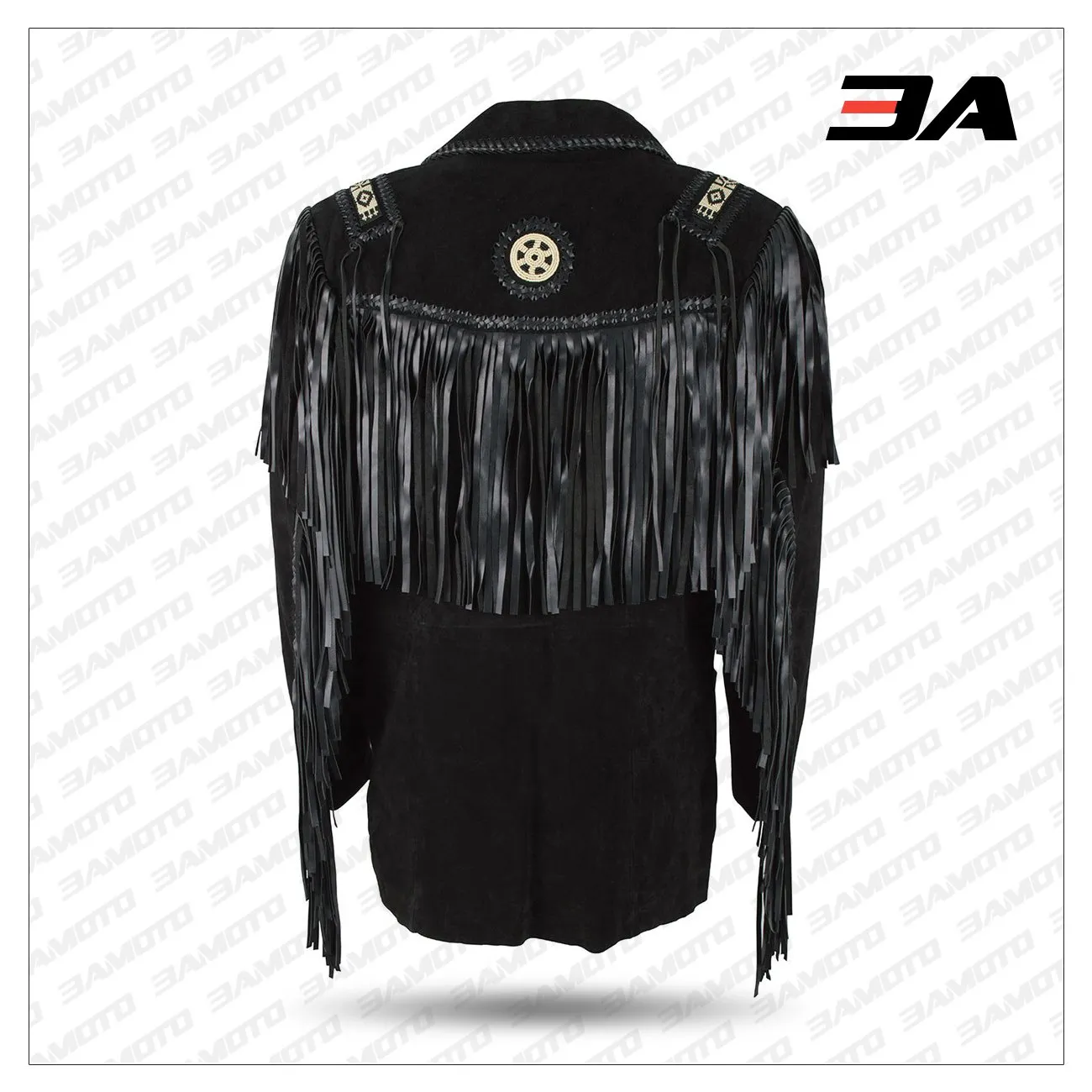 Black Boar Suede Hand Laced Bead Fringed Jacket Trimmed Coat