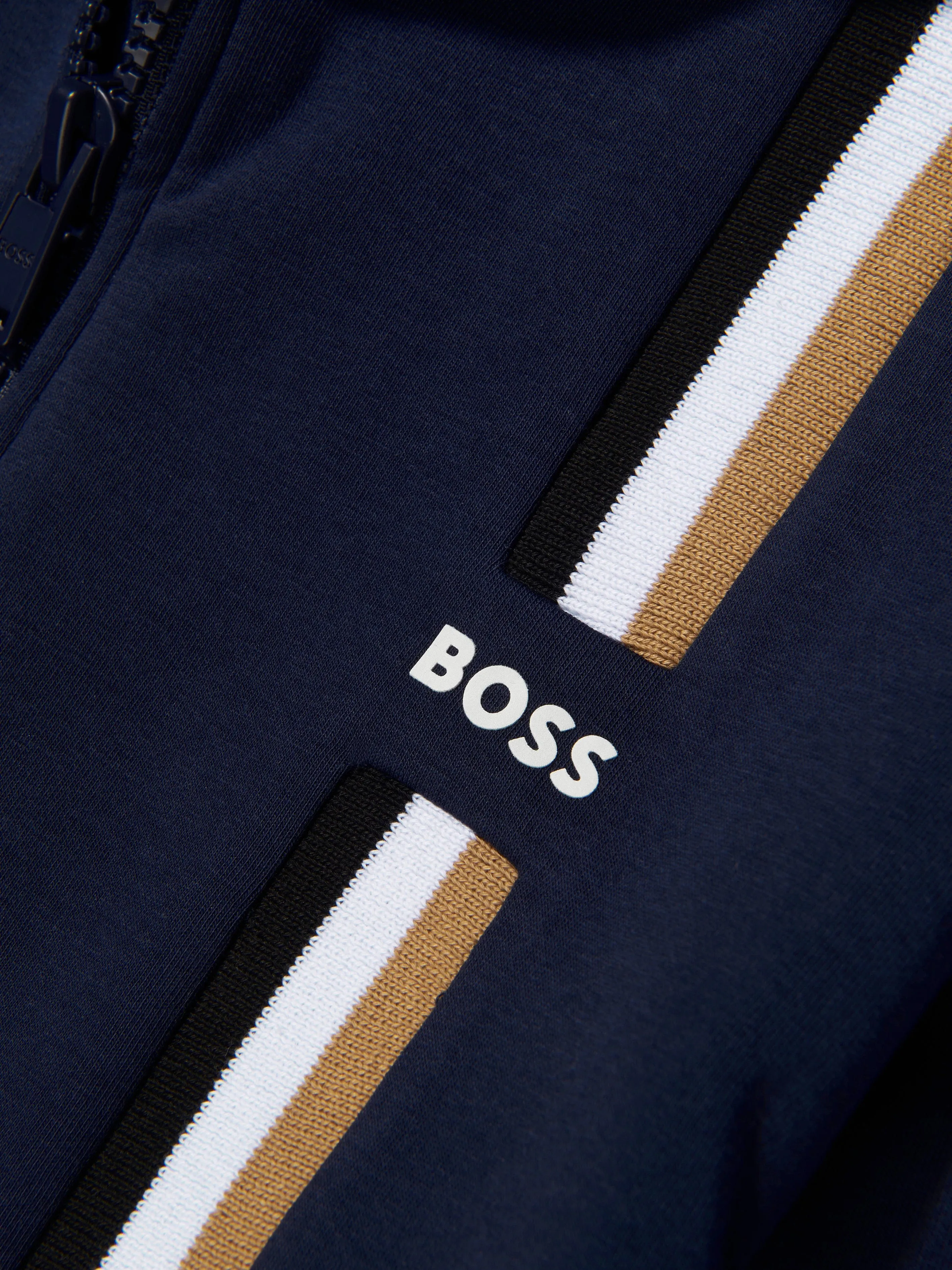 BOSS Boys Logo Stripe Zip Up Hoodie In Navy