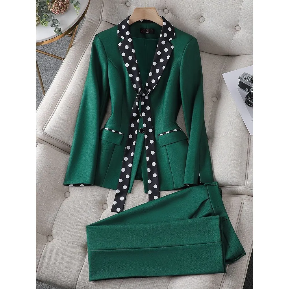 CAROLINE SUITS Women's Elegant Stylish Fashion Polka Dots Design Office Black Blazer Jacket & Pants Suit Set