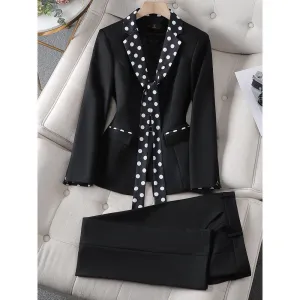 CAROLINE SUITS Women's Elegant Stylish Fashion Polka Dots Design Office Black Blazer Jacket & Pants Suit Set