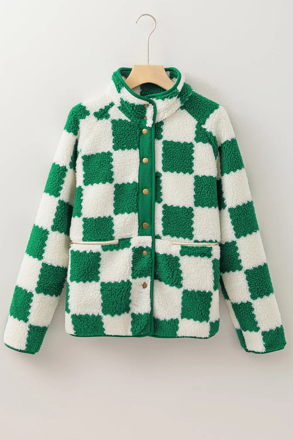 Checked Snap Button Sherpa Jacket