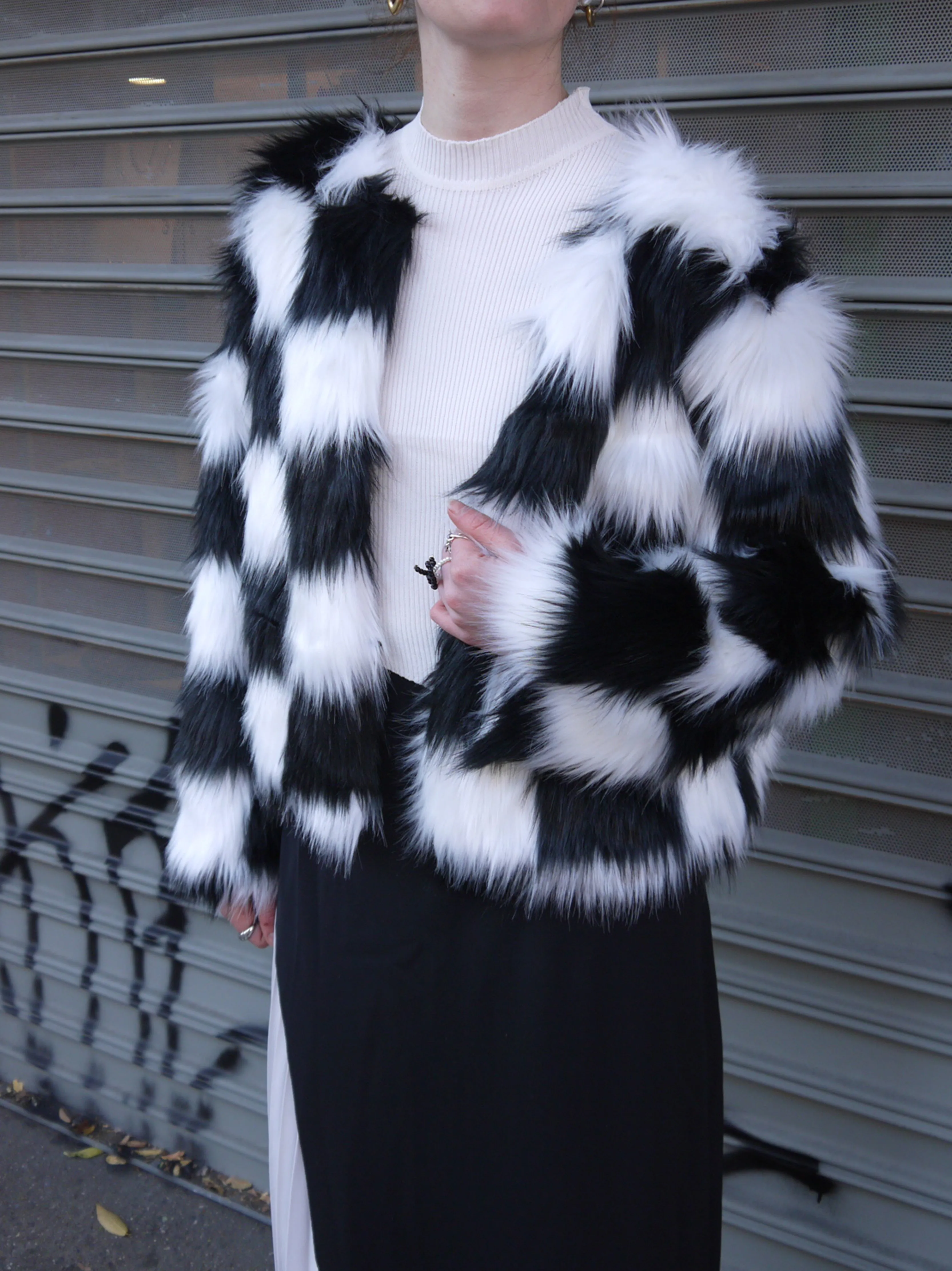 checkered faux fur jacket