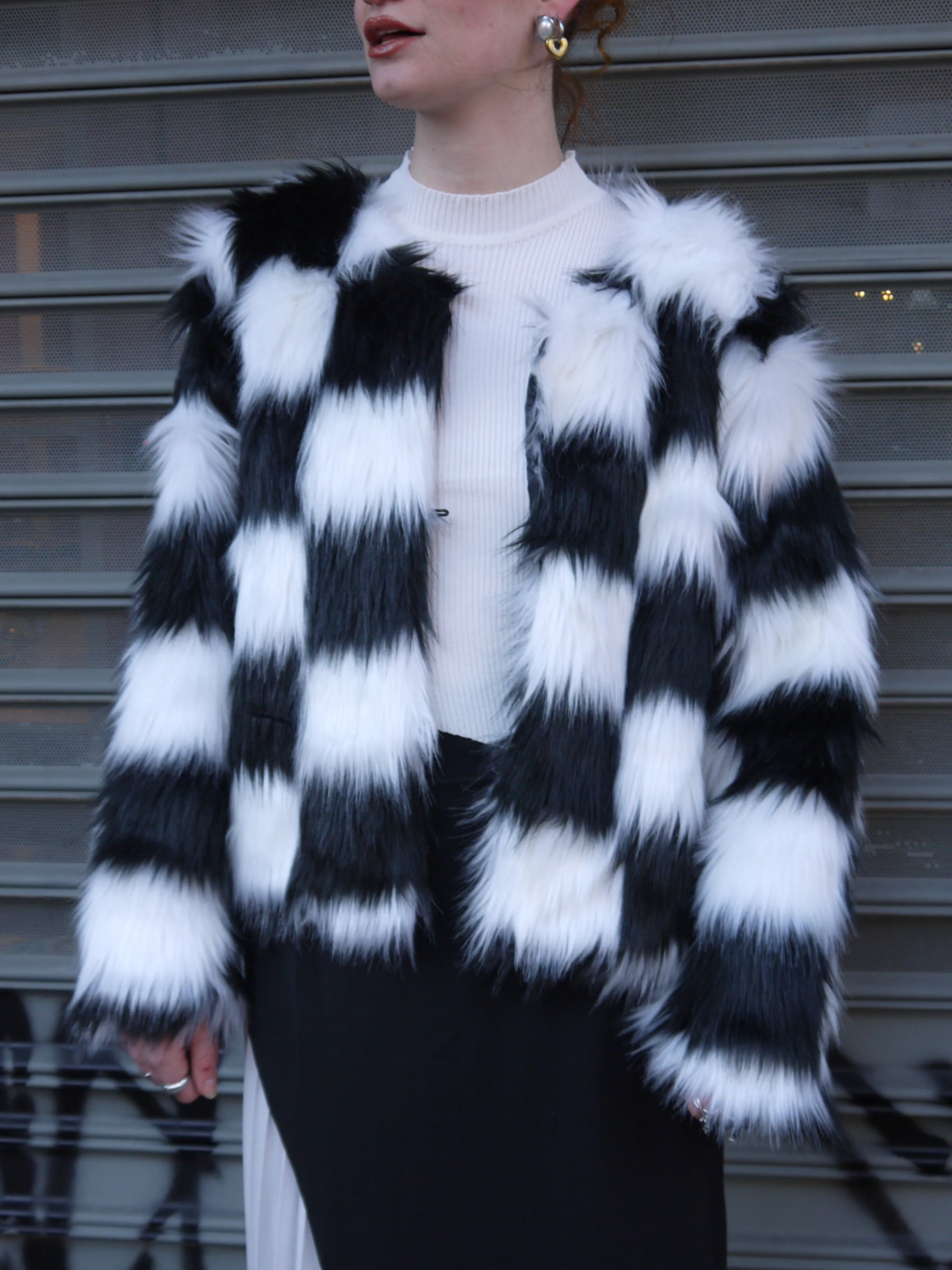 checkered faux fur jacket