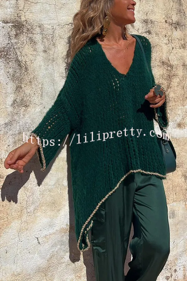 Cozy Touch Knit Striped Trim Asymmetrical Hem Loose Pullover Sweater