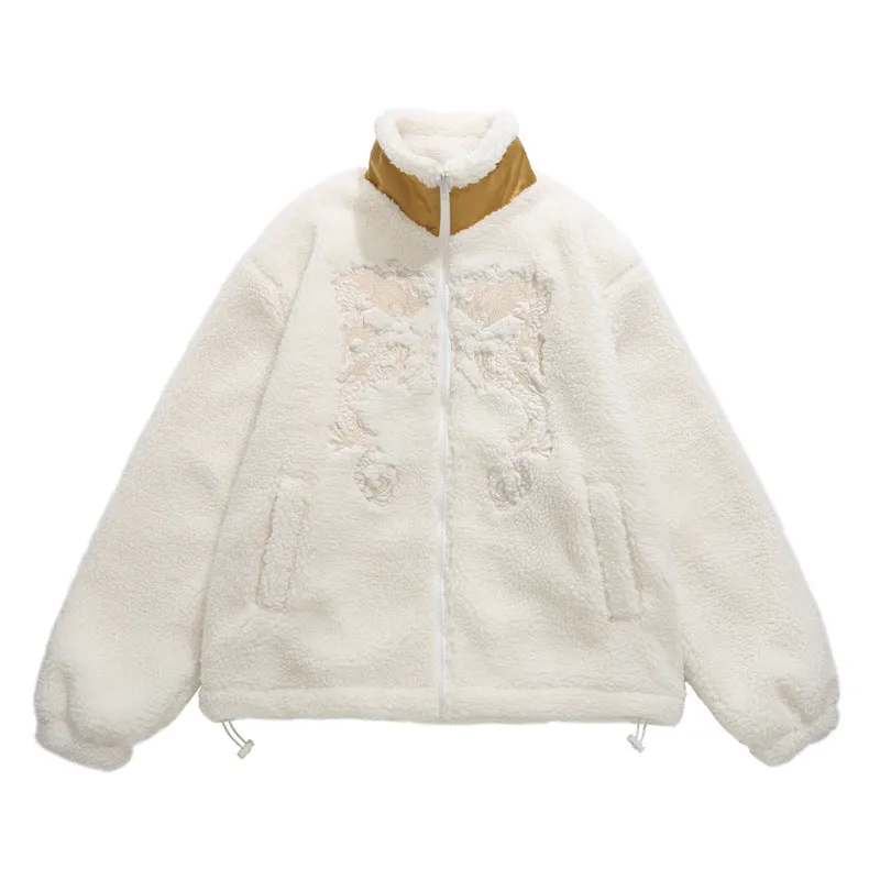 Dragon Embroidered Fleece Plush Jacket Autumn/Winter