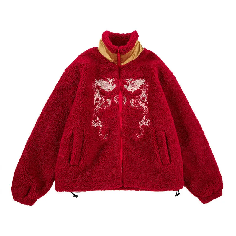 Dragon Embroidered Fleece Plush Jacket Autumn/Winter