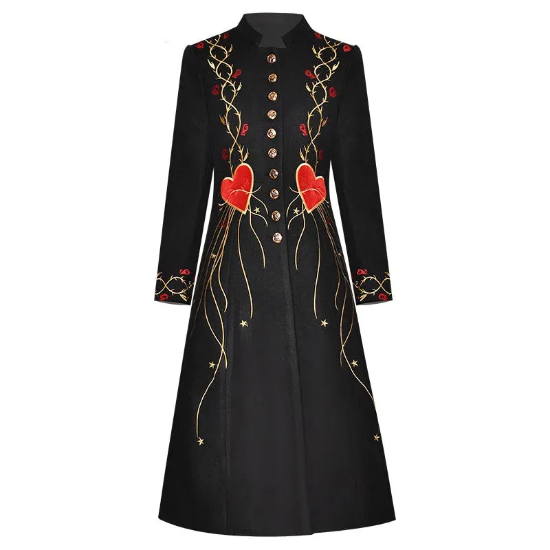 Embroidered Stand Collar Single-Breasted Coat