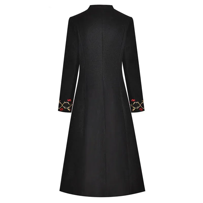 Embroidered Stand Collar Single-Breasted Coat