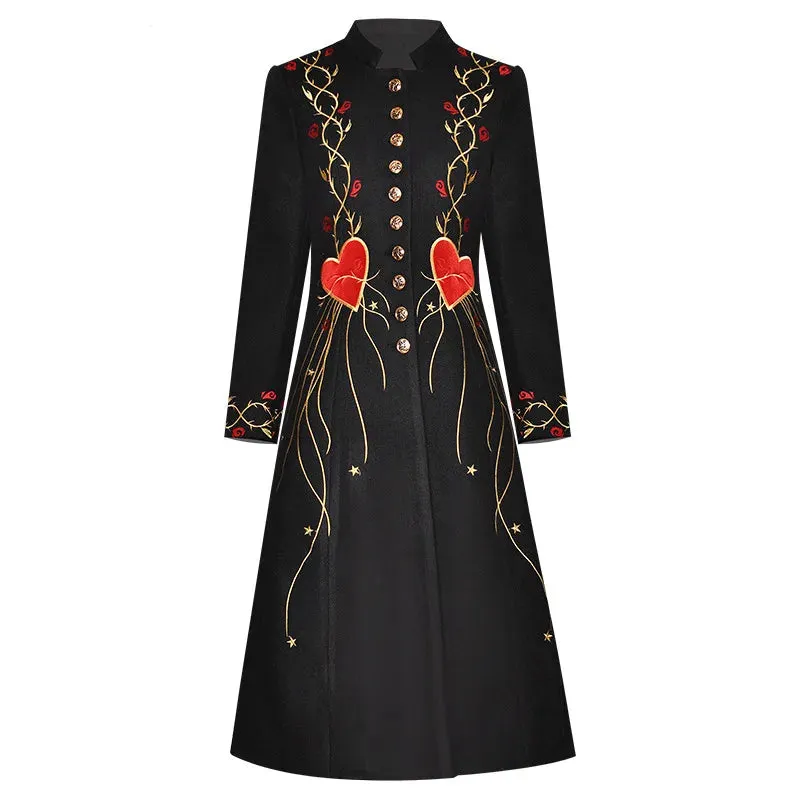 Embroidered Stand Collar Single-Breasted Coat