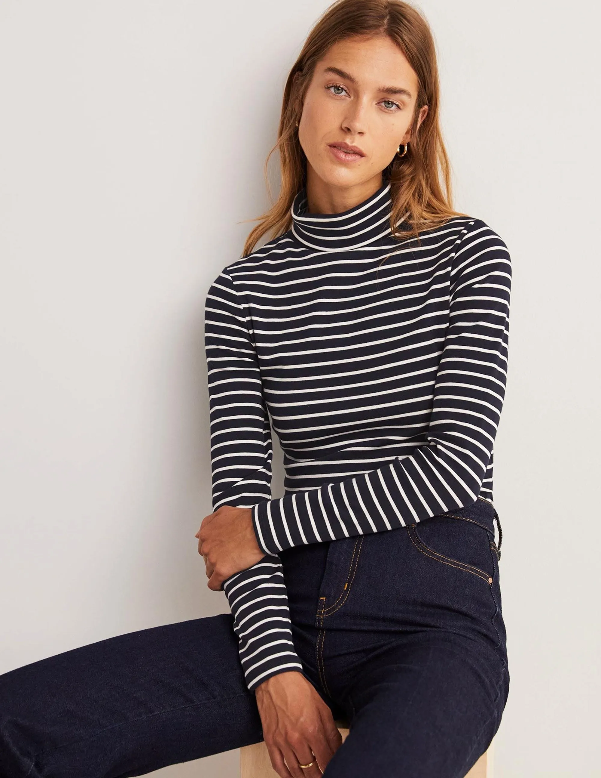 Essential Roll-neck Top-Navy / Ivory Stripe