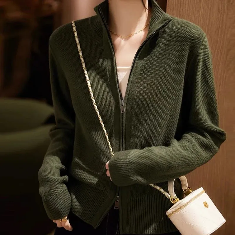 Fashionable Cozy Stylish Warm Elegant Pure Wool Long Sleeve Stand Collar Double Zipper Knit Sweater