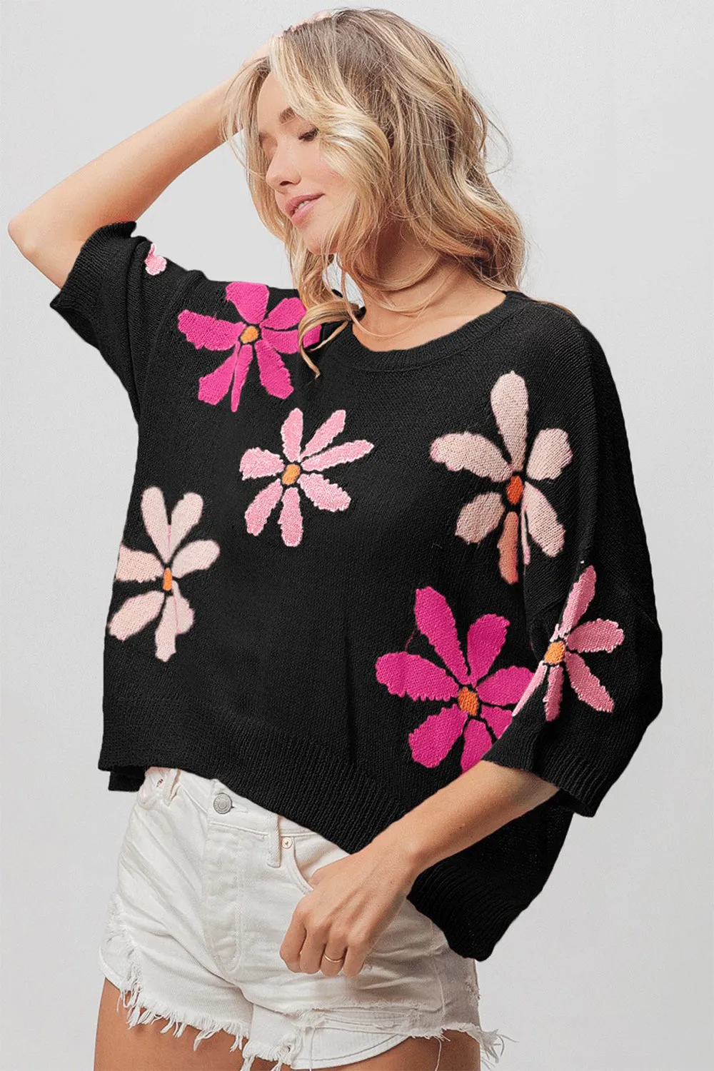 Floral Pattern Cropped Sweater