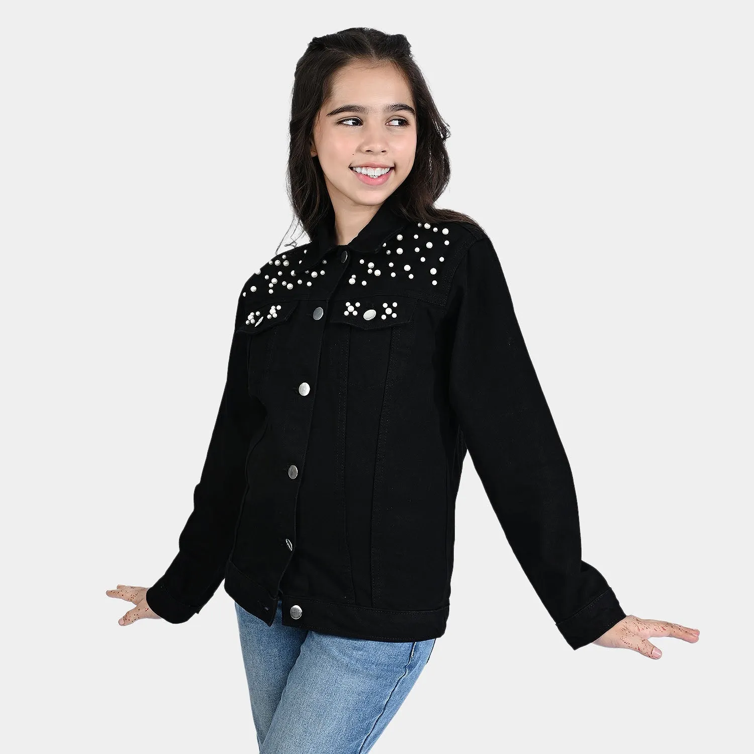 Girls Denim rigid Woven Jacket Black Pearls