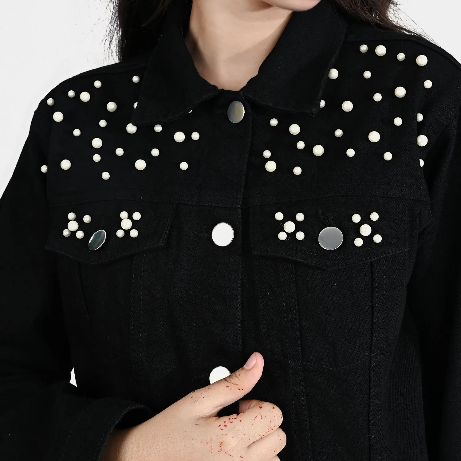 Girls Denim rigid Woven Jacket Black Pearls