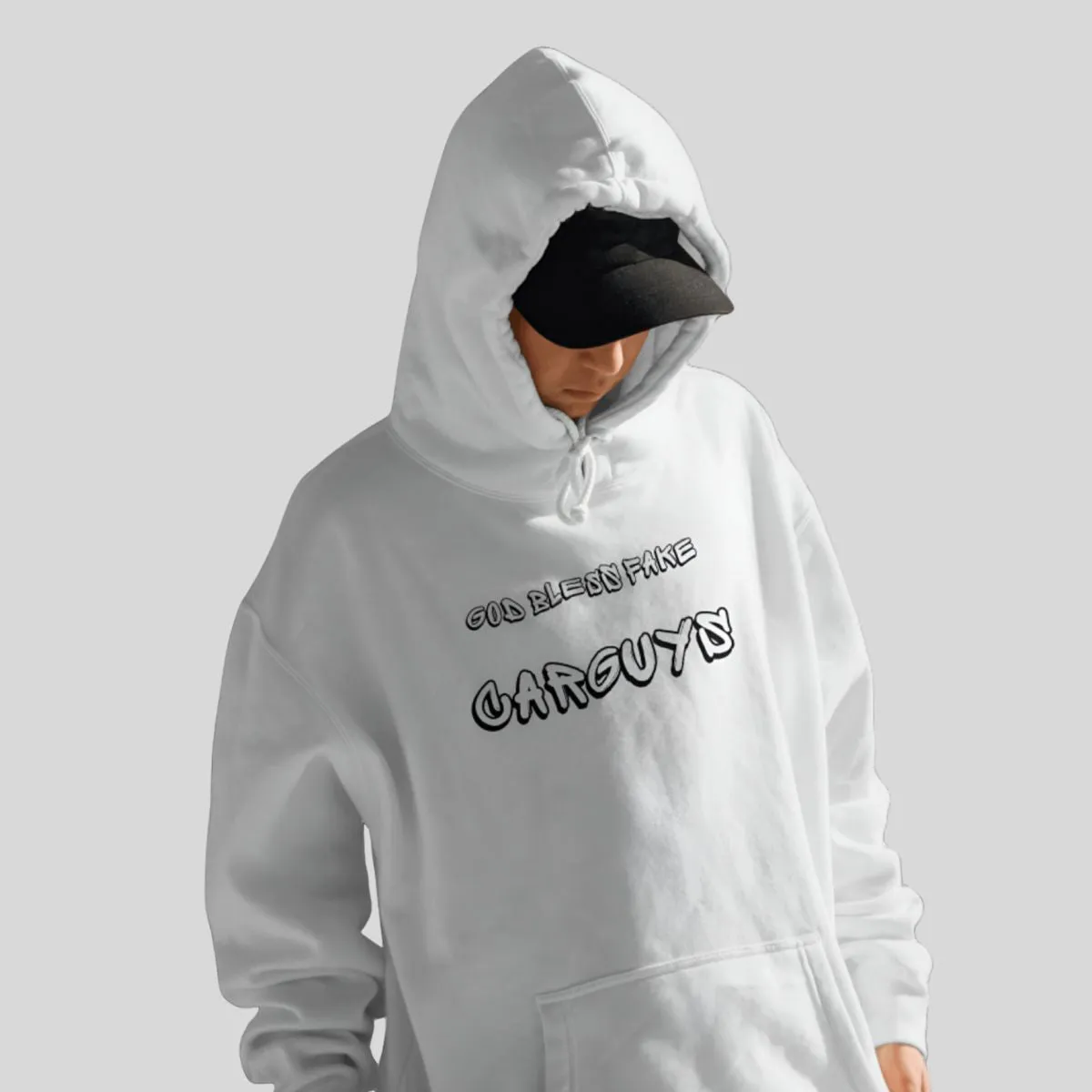 God Bless Fake Car Guys Relaxed Fit White Hoodie For Men By DemonWear