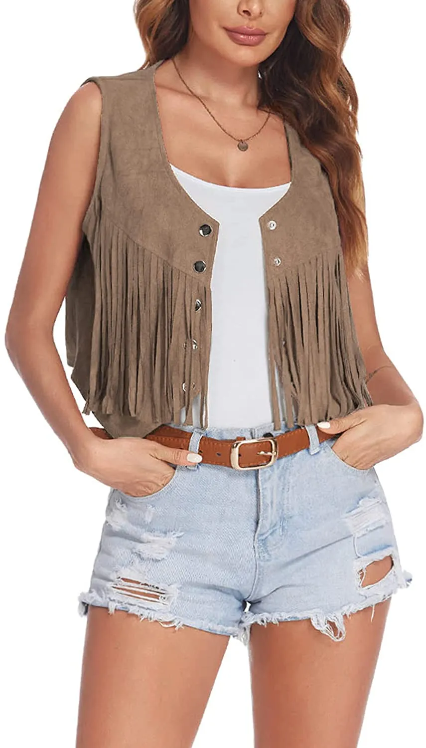 Hotouch Fringe Vest Women Faux Suede Open-Front Vintage Vest Sleeveless 70s Hippie Clothes Boho Western Jacket