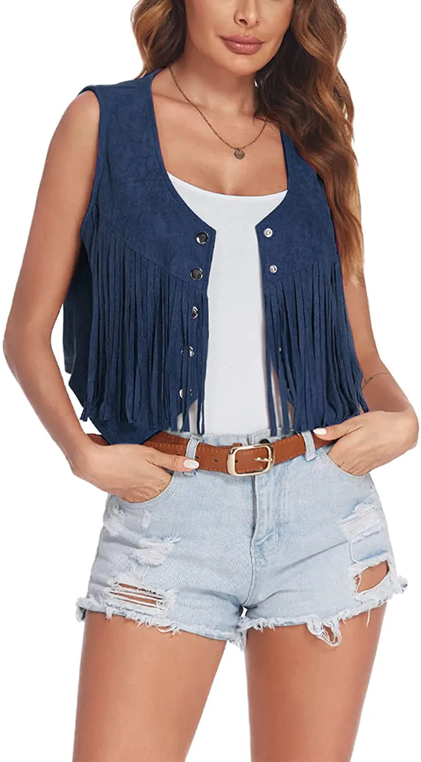 Hotouch Fringe Vest Women Faux Suede Open-Front Vintage Vest Sleeveless 70s Hippie Clothes Boho Western Jacket