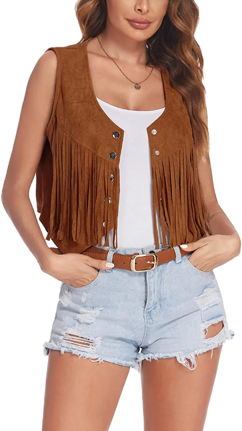 Hotouch Fringe Vest Women Faux Suede Open-Front Vintage Vest Sleeveless 70s Hippie Clothes Boho Western Jacket