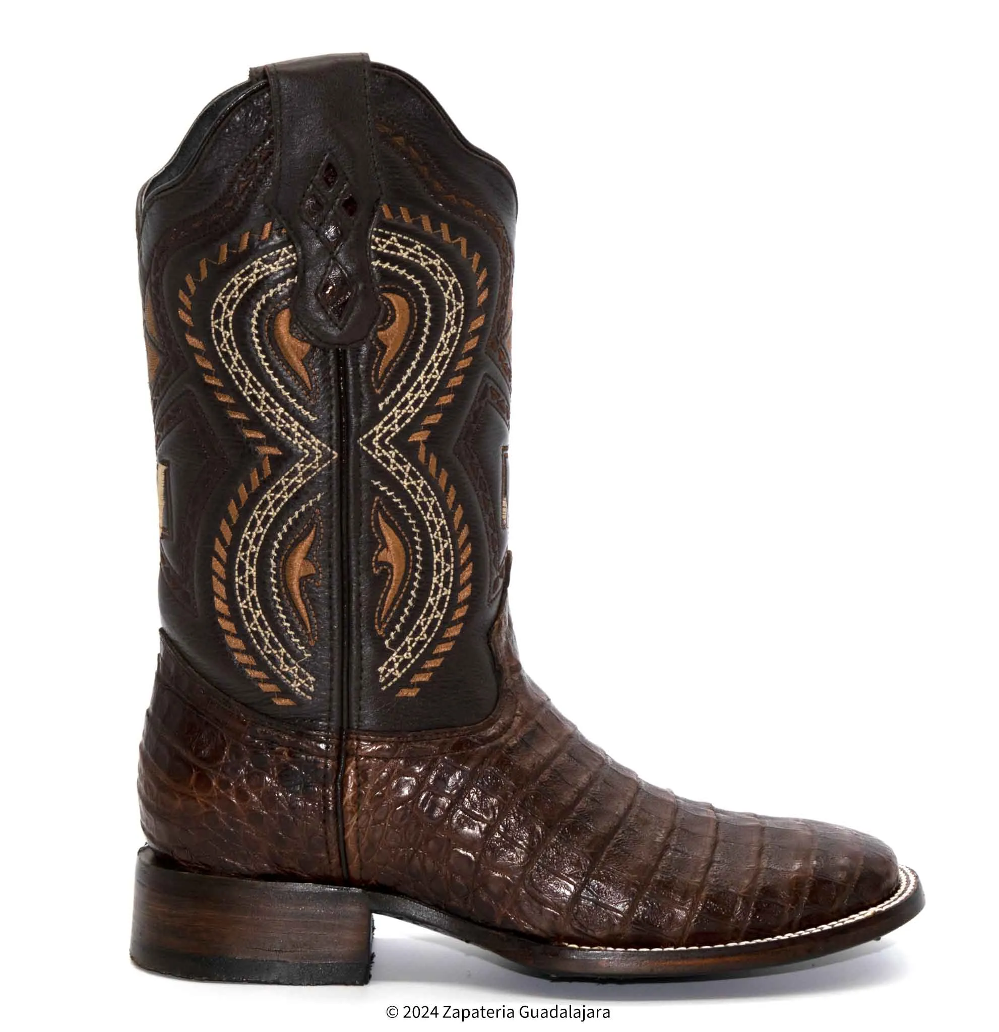 JB706 MEN WIDE SQUARE TOE CAIMAN BELLY BROWN BOOT