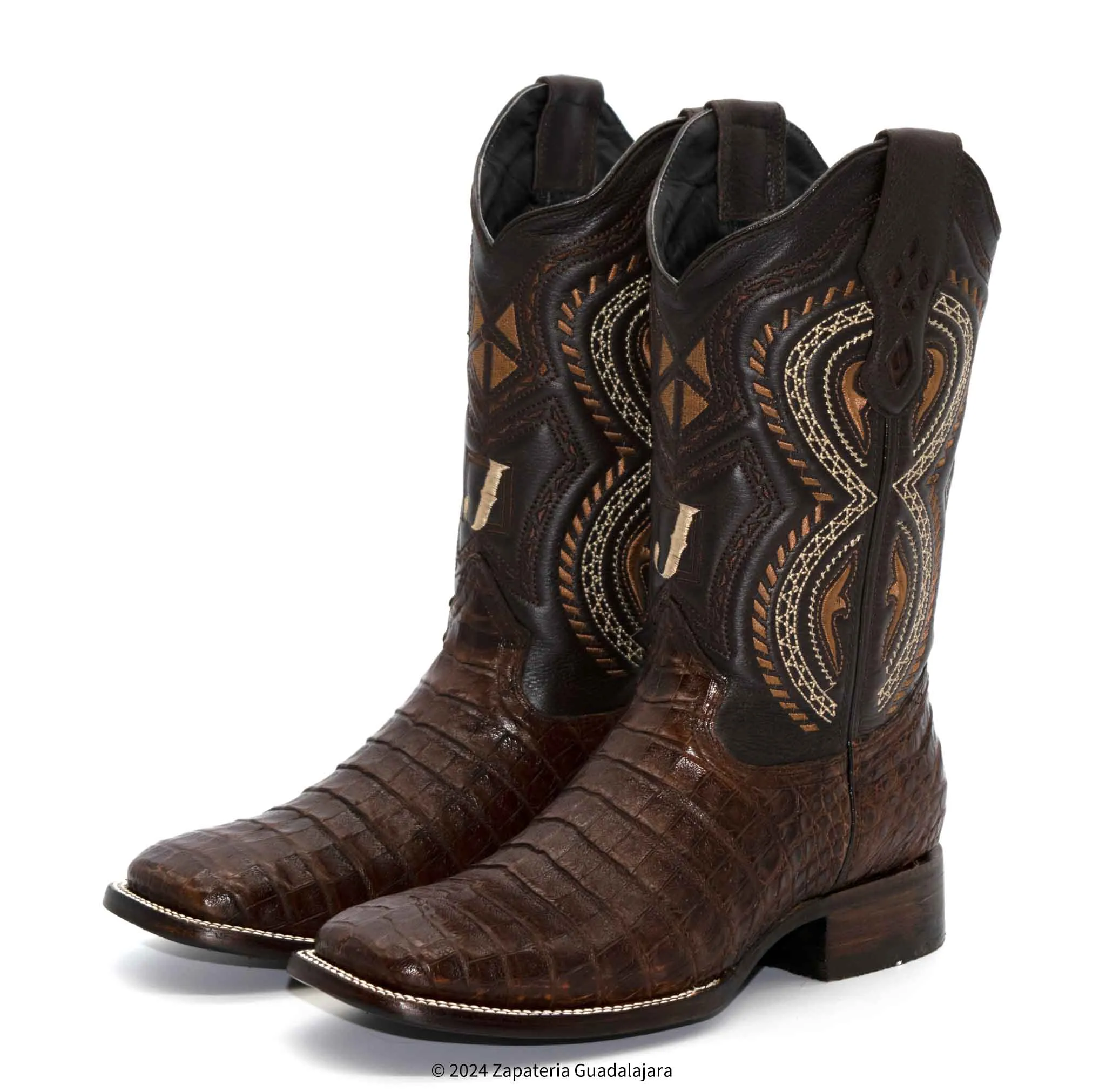 JB706 MEN WIDE SQUARE TOE CAIMAN BELLY BROWN BOOT