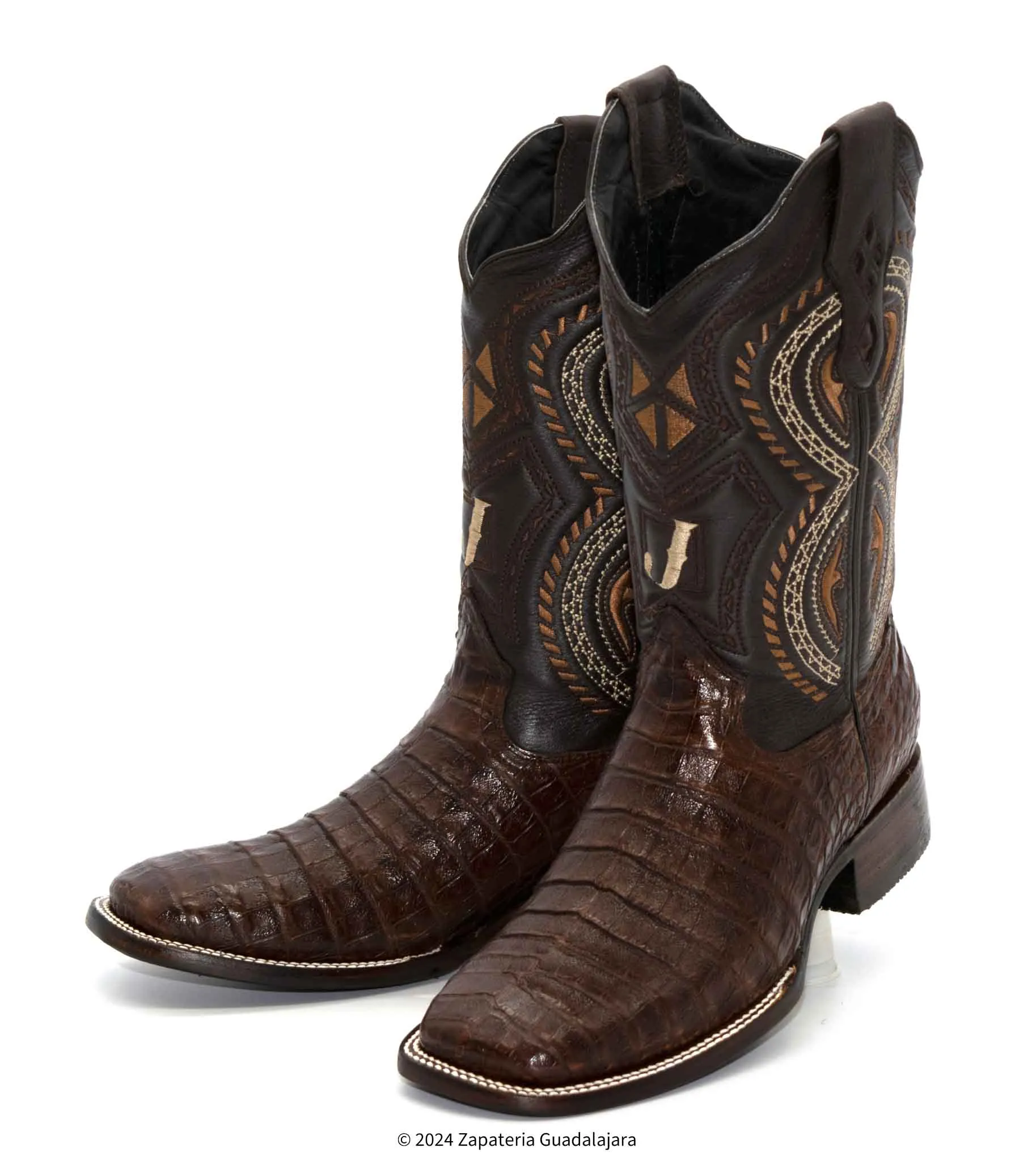 JB706 MEN WIDE SQUARE TOE CAIMAN BELLY BROWN BOOT