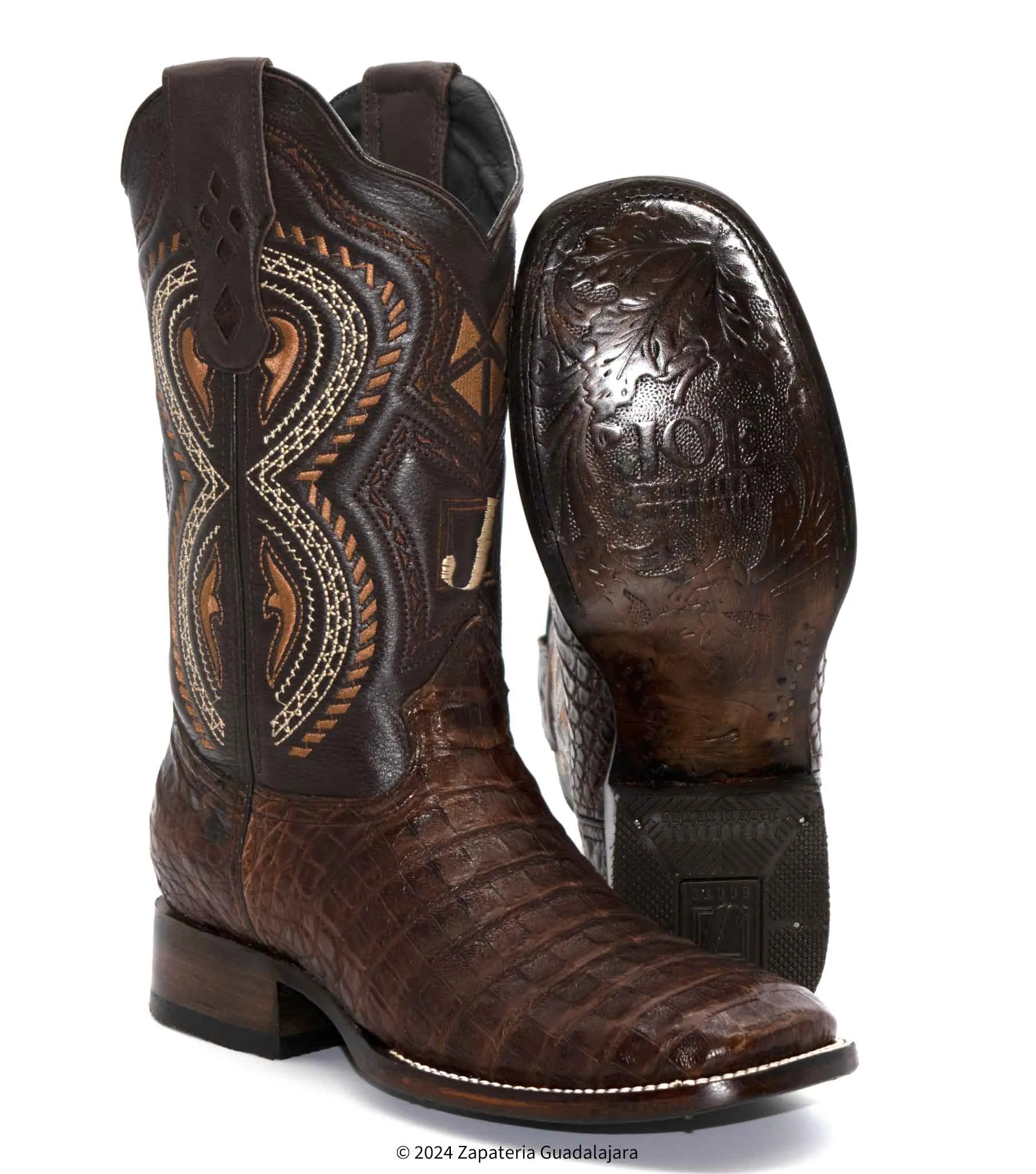 JB706 MEN WIDE SQUARE TOE CAIMAN BELLY BROWN BOOT