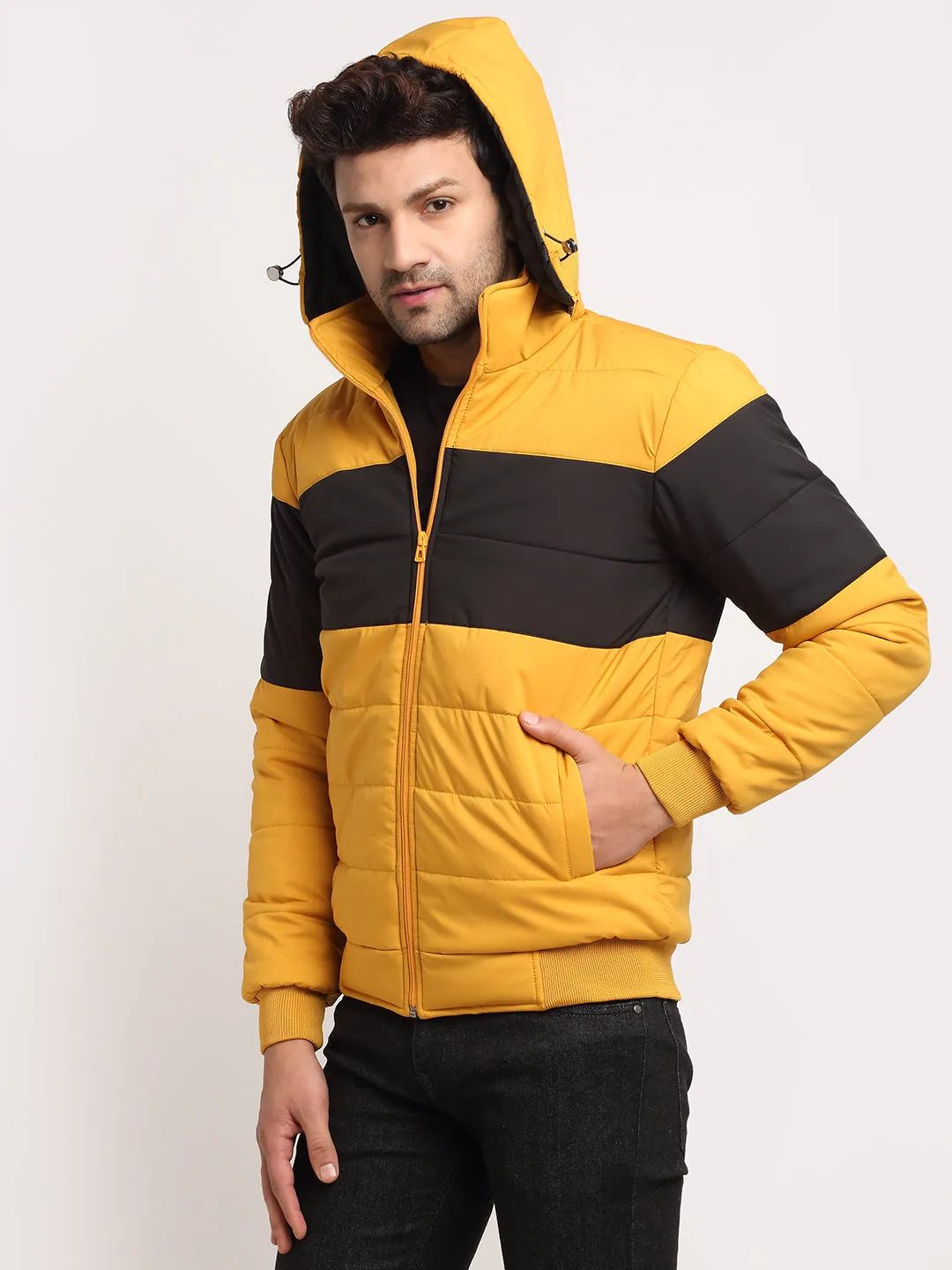 Men Mustard Hooded Printed Jacket