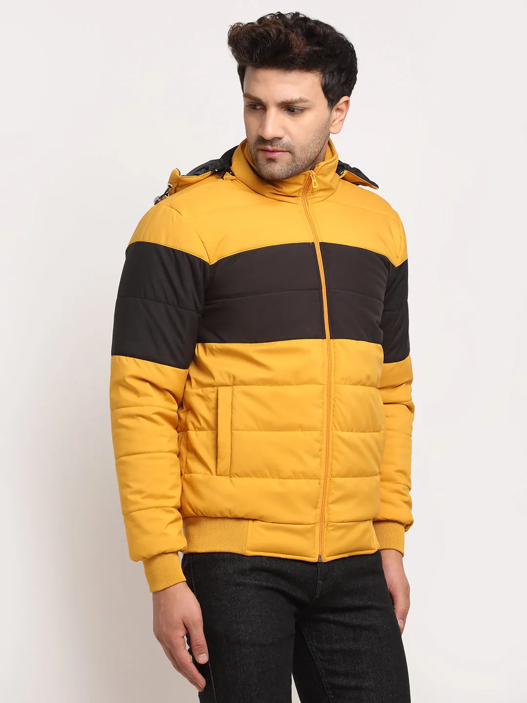 Men Mustard Hooded Printed Jacket