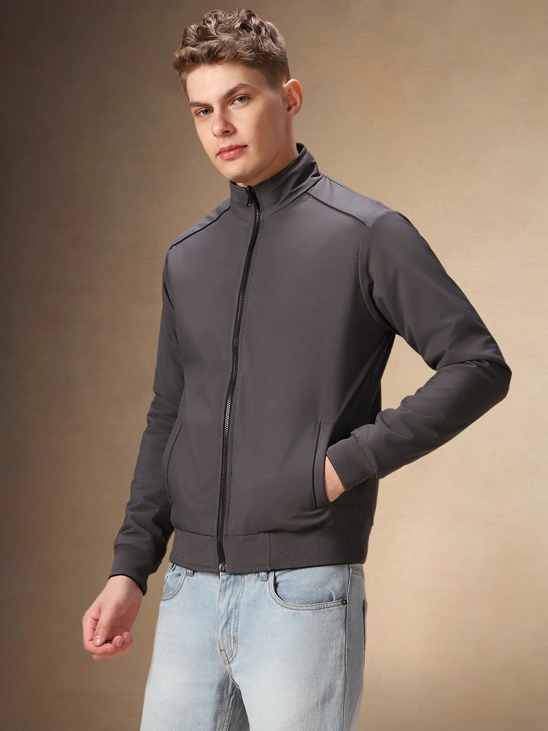 Men's Black & Grey Reversible Mock Neck Full Sleeves Jacket