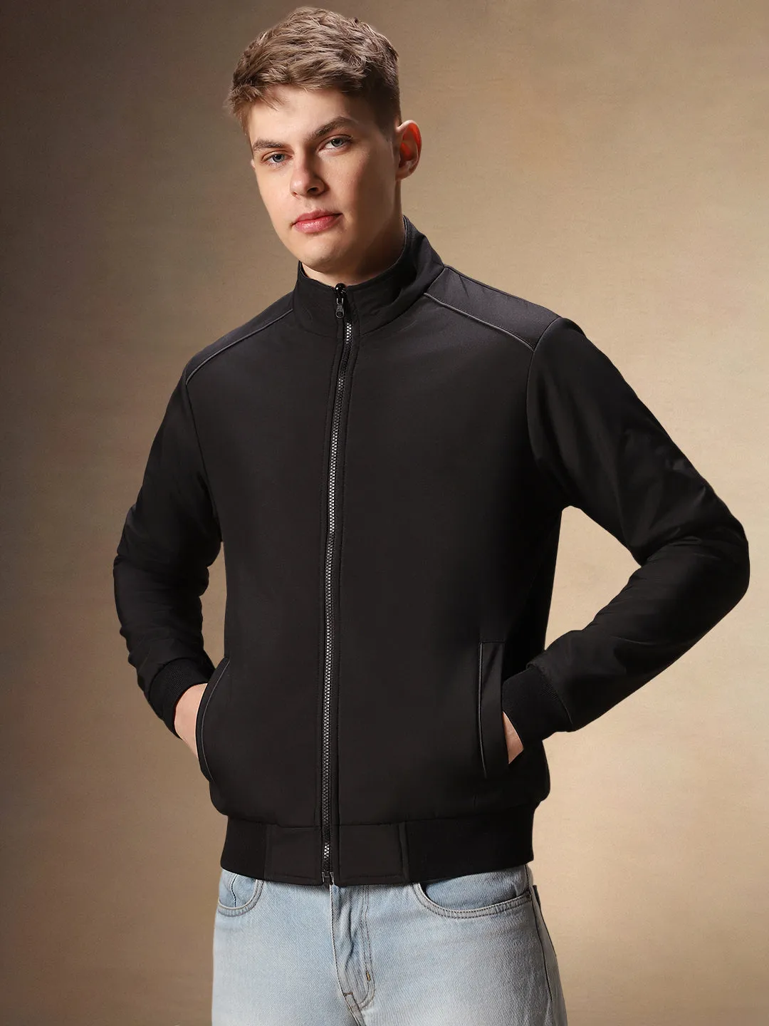 Men's Black & Grey Reversible Mock Neck Full Sleeves Jacket