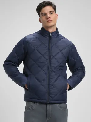 Men's High Neck Regular Fit Solid Quilted Navy Jackets