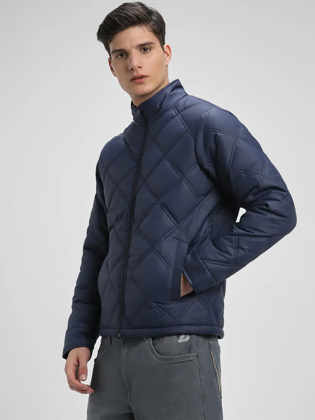 Men's High Neck Regular Fit Solid Quilted Navy Jackets