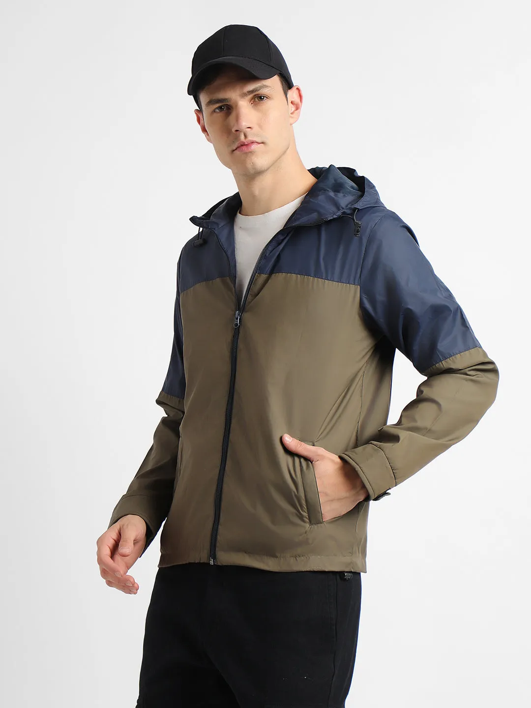 Men's Hooded Regular Fit Colourblock Military Jackets