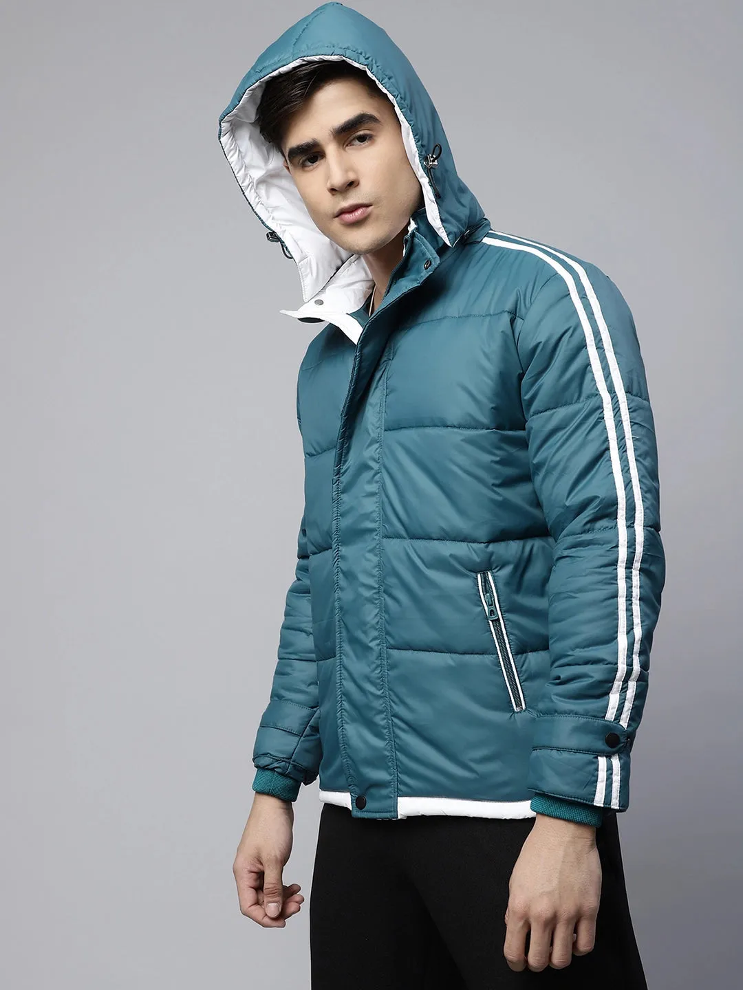 Mens Turquoise Detachable Hood Puffer Jacket