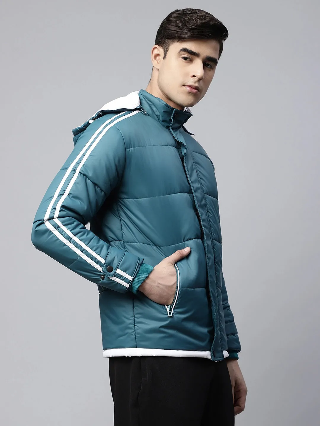 Mens Turquoise Detachable Hood Puffer Jacket