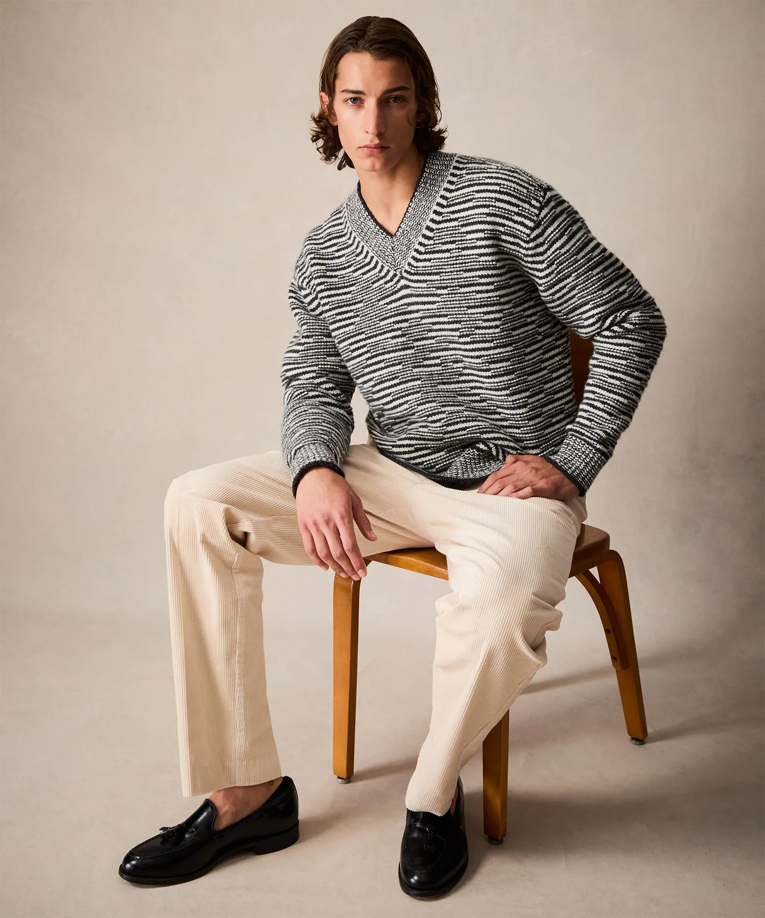 Merino Striped V-Neck Sweater in Charcoal