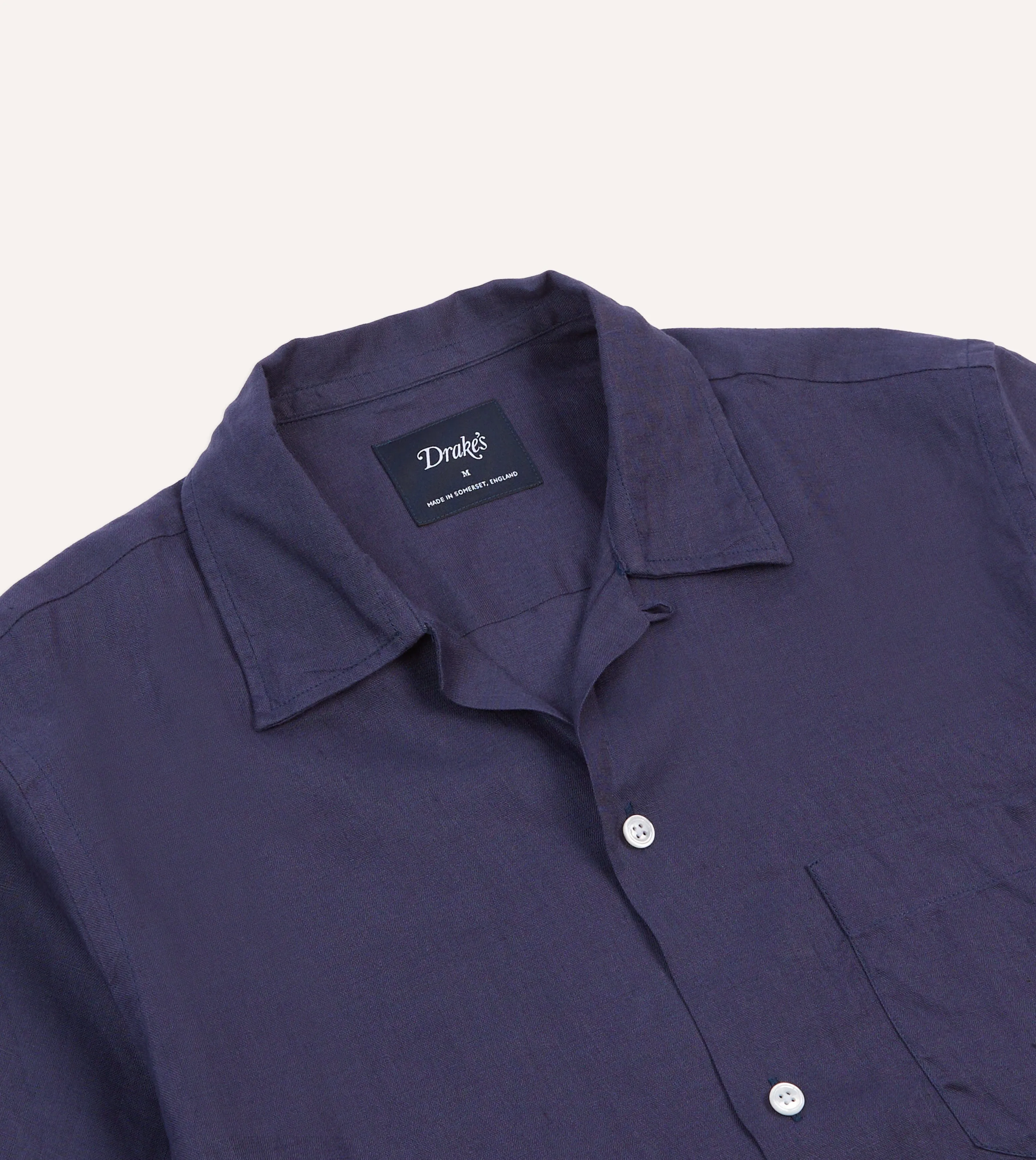 Navy Linen Camp Collar Short Sleeve Shirt