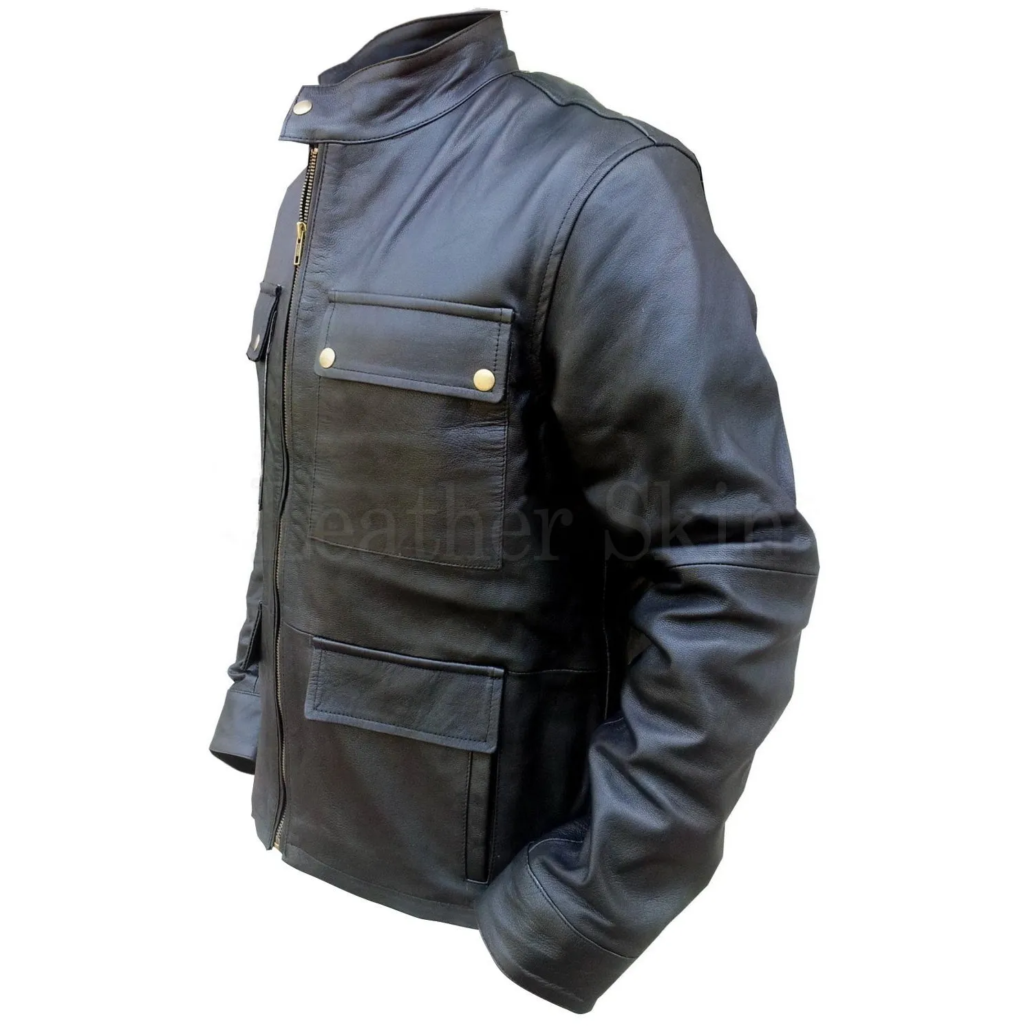 NWT Stylish Black Men Genuine  Leather Jacket with Front Pockets