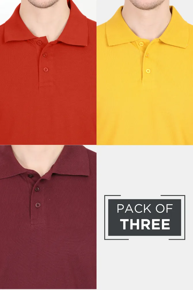 Pack Of 3 Polo T-Shirts Brick Red Maroon and Mustard Yellow for Men