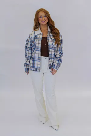 Snowflake Fur Trim Plaid Shacket- Blue