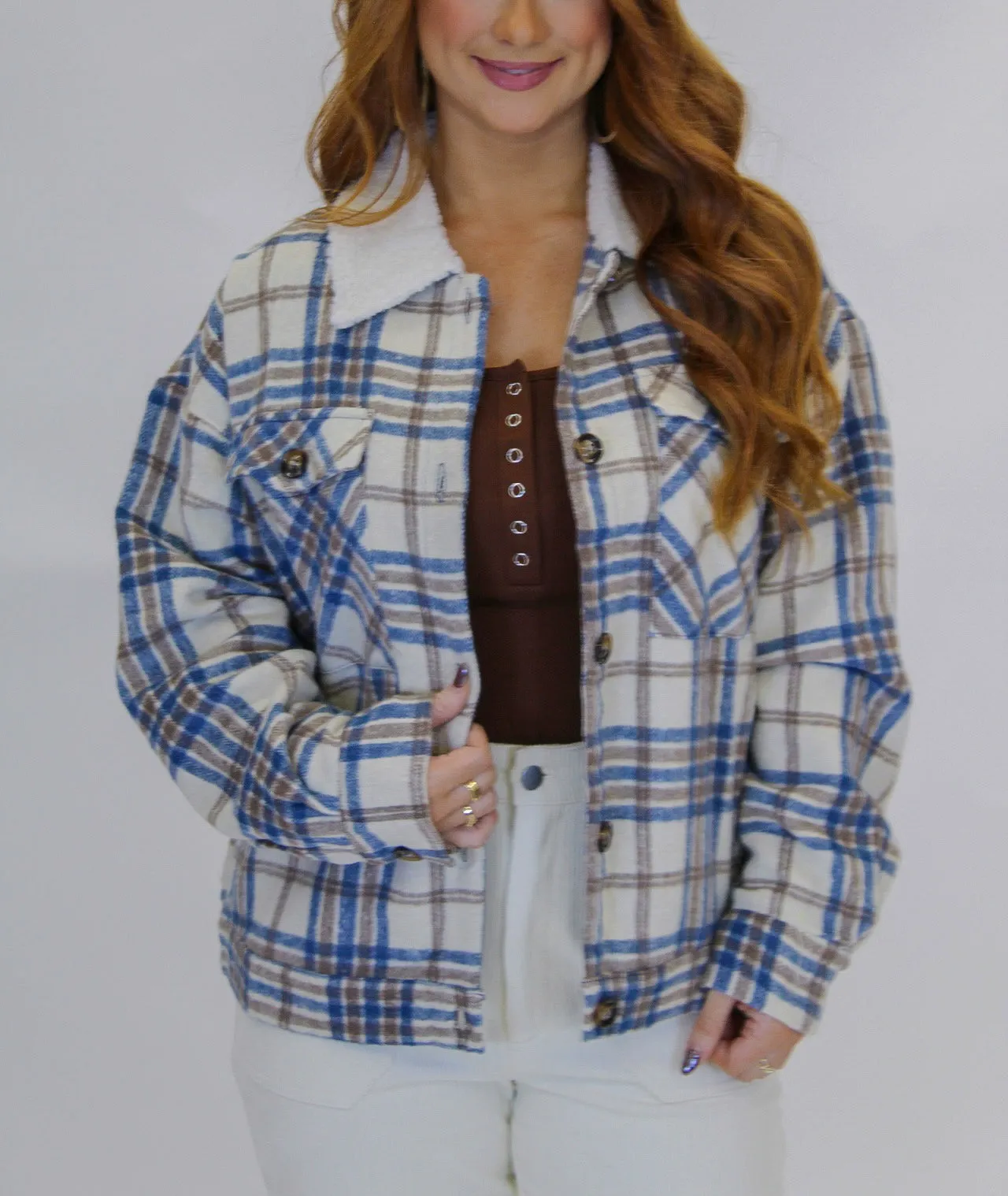 Snowflake Fur Trim Plaid Shacket- Blue