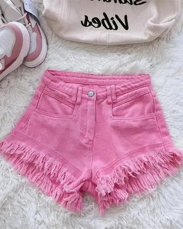 Solid Color Fringed Denim Shorts