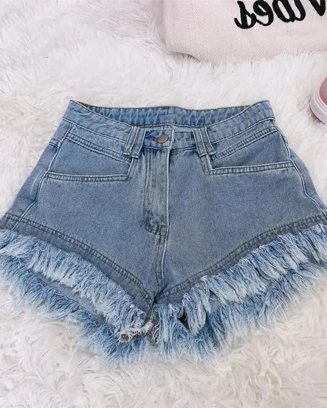 Solid Color Fringed Denim Shorts