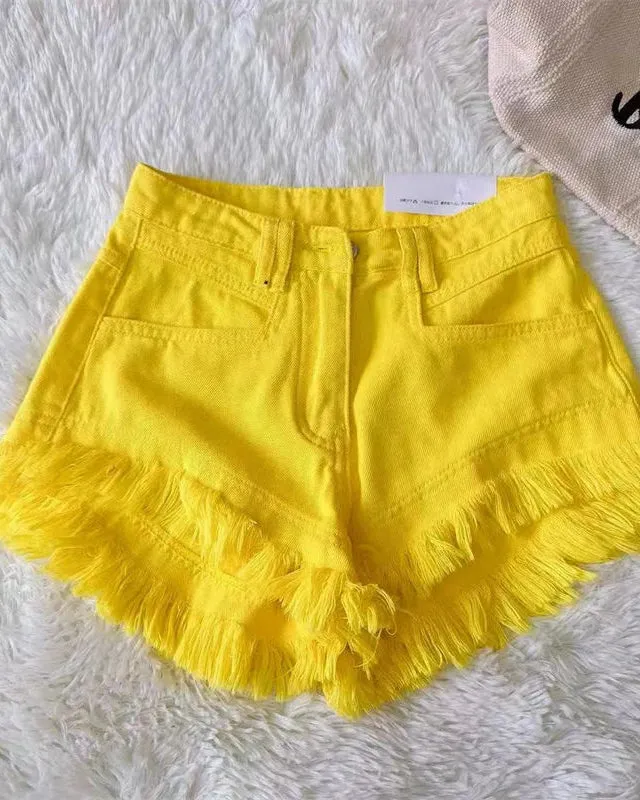 Solid Color Fringed Denim Shorts