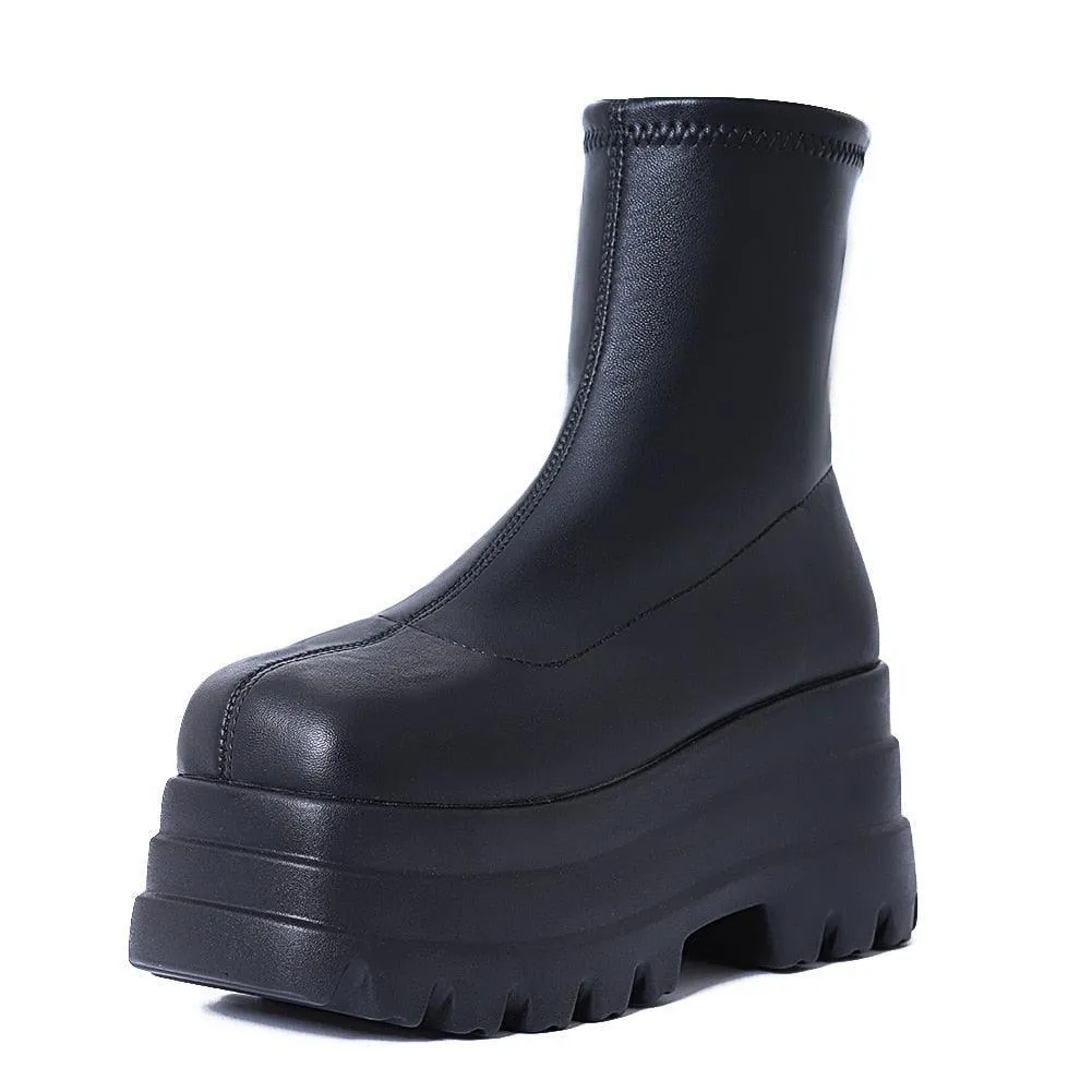 Square-Toe Platform Leather Boots