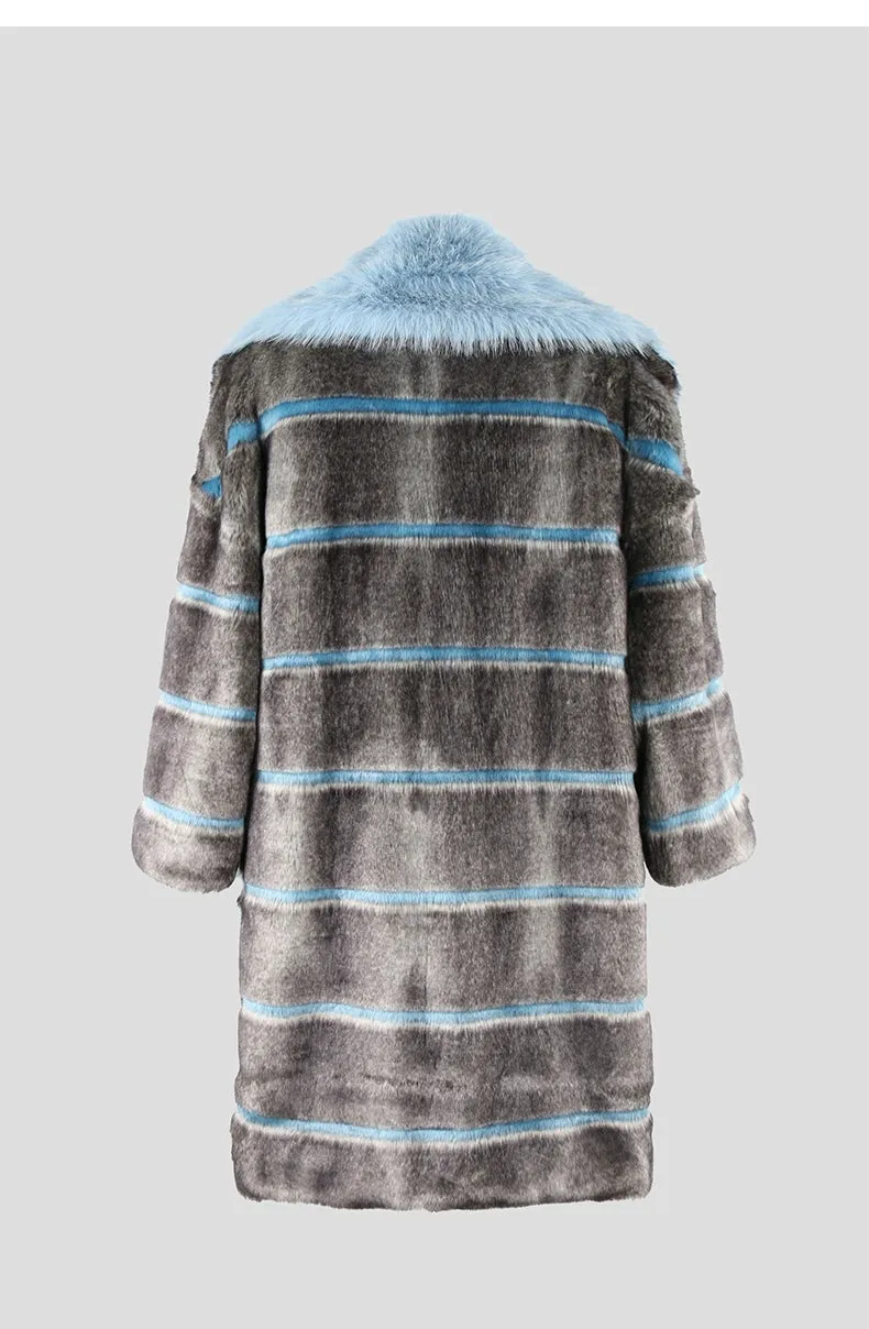 Striped Patchwork Faux Fur Lapel Collar Coat